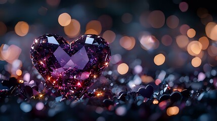 Poster - Purple crystal heart on dark background with magical bokeh lights and sparkles creating romantic atmosphere for valentines day celebrations and love concepts.