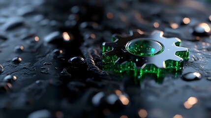 Poster - Glowing green gear mechanism on dark wet surface with water drops and dramatic lighting creates futuristic industrial mood with bokeh light effects.