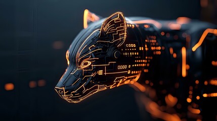Poster - Futuristic wolf head with glowing orange circuit patterns and digital elements on dark background, cyberpunk style animal concept art for gaming and tech design.