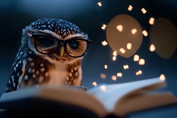 Poster - Spotted owl wearing glasses perched near open book with glowing bokeh lights creating magical atmosphere for education and wisdom concepts.