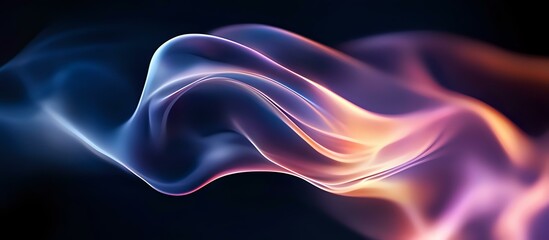 Poster - Ethereal smoke waves in blue, pink and orange colors flowing smoothly against dark background creating abstract fluid art composition. Suitable for modern design projects.