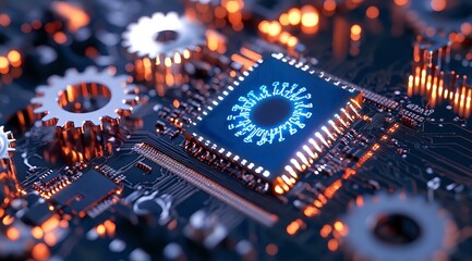 Poster - Glowing blue circular pattern on computer processor with mechanical gears and circuit board components in orange and blue tones, macro technology view.