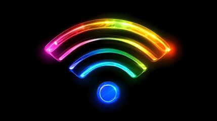 Aufkleber - Glowing multicolored wifi symbol with neon effect on black background, rainbow spectrum colors from pink to blue creating modern wireless network icon.