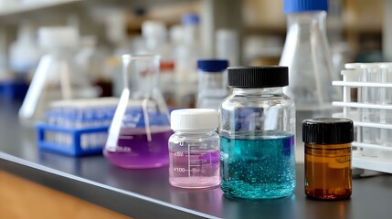 Poster - Laboratory glassware with colorful liquid chemicals in glass bottles and flasks on lab bench, scientific research equipment in modern facility background.