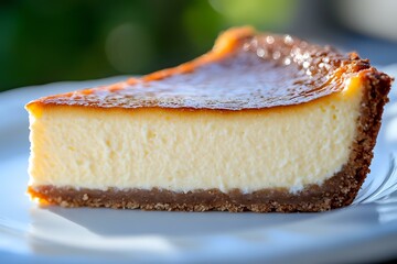 Poster - Creamy vanilla cheesecake slice with caramelized top and chocolate cookie crust served on white plate, macro food photography with selective focus and bokeh background.