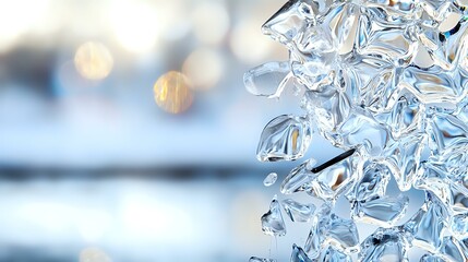 Poster - Frozen icicles with crystalline structure close-up against blurred winter background, natural ice formation with transparent texture and light reflections.