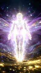 Poster - Glowing ethereal figure ascending in cosmic space with radiating light, purple nebula and golden particles creating mystical spiritual atmosphere for meditation concepts.