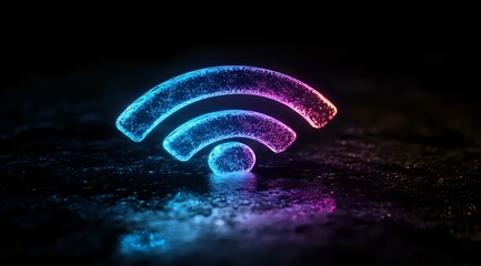 Aufkleber - Glowing wifi symbol in neon blue and purple colors illuminated on dark textured surface with light reflection creating atmospheric technology concept.