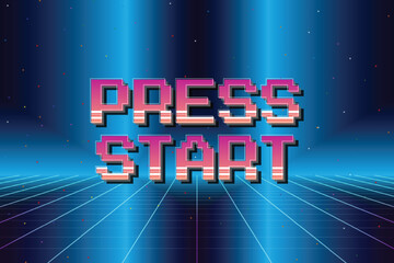 Aufkleber - PRESS START. pixel art .8 bit game. retro game. for game assets .Retro Futurism Sci-Fi Background. glowing neon grid. and stars from vintage arcade computer games