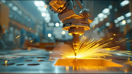Poster - Industrial worker operating robotic arm, skilled technician welding metal in modern factory, vibrant sparks flying, copy-space available.