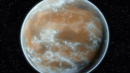 Poster - A detailed depiction of a generic planet in the vastness of space with visible landmass and cloud cover. Glowing edges and starfield background.