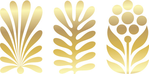 Poster - Golden Stylized Floral Element Vector Illustration A Set of Decorative Botanical Designs for Graphic Projects and Ornamental Accents on Transparent Background