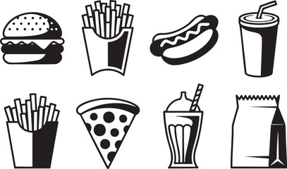 Poster - Detailed Vector Illustration of Fast Food Icons: Burger, Fries, Hotdog, Soda, Pizza, Milkshake, and Paper Bag on a Transparent Background for Diverse Design Projects