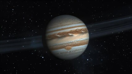 Poster - Close-up digital animation of a striped planet with rings set against a dark starry background featuring a celestial object. Visual exploration of space and planetary structure.