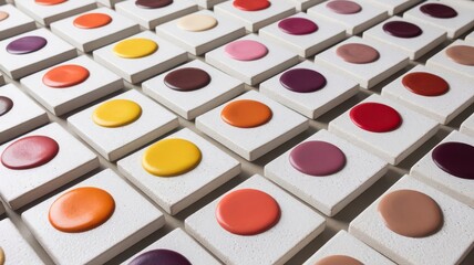 Poster - Arrangement of Colourful Paint Dots on White Tiles for Artistic Palettes