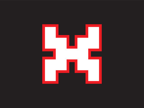 Geometric Pixelated Letter H Logo Red Outline Isolated on Black Background