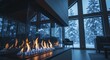 © Meow Creations - Modern gas fireplace with warm flames in a cozy cabin overlooking snowy winter forest