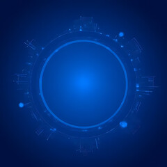 Aufkleber - Blue digital circular design with glowing lines and dots surrounding a central empty circle on a dark blue background