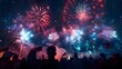 © Lailiana - Hyper realistic photo of 4th of July fireworks lighting up the night sky, with people seen from behind in silhouette. American flags, glowing colors, and festive atmosphere in a patriotic celebration.