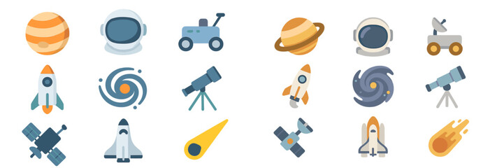 Poster - Colorful space-themed icons depicting planets, rockets, astronauts, and telescopes for educational or entertainment purposes