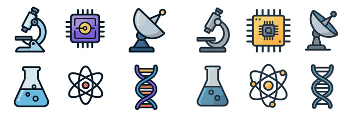 Poster - Educational symbols representing science, technology, and discovery in a digital environment with icons of devices and concepts