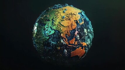 Poster - Abstract digital earth globe with continents highlighted in gold and teal against a dark background. Representing global connectivity and digital world.