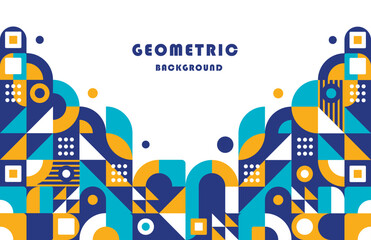 Poster - Geometric background with squares triangles circles and arches in blue yellow and white on a white background