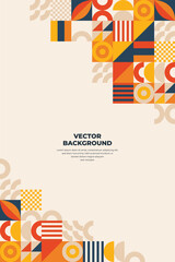 Poster - Geometric design background with squares circles  triangles in orange blue yellow  beige on a light beige backdrop