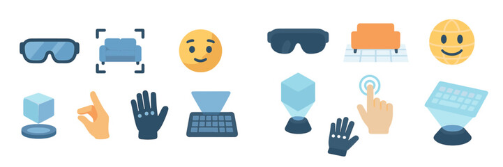 Poster - Digital icons representing technology, interaction, and virtual reality in a creative design layout