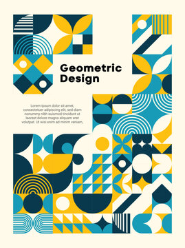 Geometric design poster with abstract shapes colors title and text in a modern style