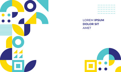 Poster - Graphic geometric shapes  text form an abstract design in blue yellow turquoise on a white background