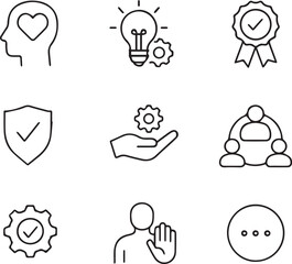 Poster - Core Values line editable icon set. Containing core values, innovation, quality, integrity, responsibility, teamwork, reliability, honesty, and more. Editable stroke. Vector illustration