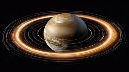 Poster - Digitally rendered planet with glowing rings on black background space scene. Futuristic celestial body with bright particles around. Universe and science fiction.