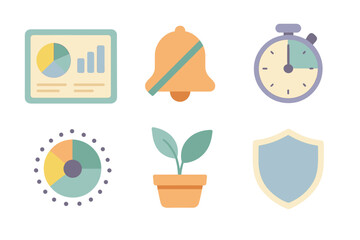 Poster - Colorful icons representing productivity, time management, and growth in a modern design setting