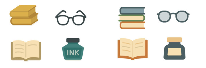 Poster - Collection of colorful books, eyeglasses, and ink bottles arranged on a white background in a minimalist style