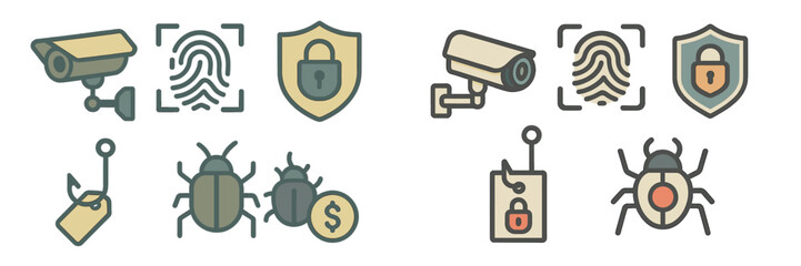 Poster - Collection of security icons featuring surveillance, fingerprint analysis, and pest detection in a modern design