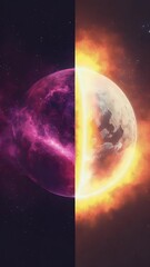 Poster - Dualistic Cosmic Composition With Purple Nebula And Fiery Orange Sphere Against Black Space