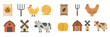 Farm animals and equipment illustrate rural life and agricultural practices in a simple and playful style