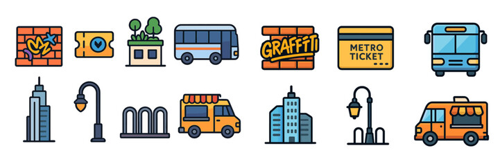 Poster - Colorful icons representing urban life and public transport in a vibrant city environment