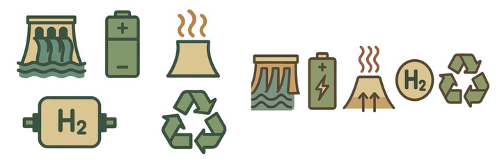 Poster - Hydrogen energy concepts illustrated with symbols and icons related to sustainable power sources in clean technology