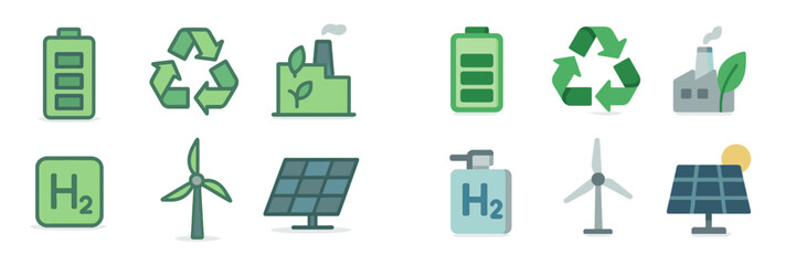 Poster - Green energy icons showcasing renewable sources, recycling, batteries, and hydrogen technology in a modern design