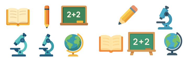 Poster - Illustration of educational tools featuring books, globes, chalkboards, and microscopes in a colorful layout suitable for a classroom setting