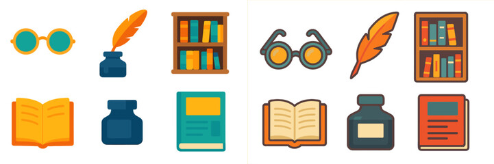 Leinwandbilder - Collection of colorful icons representing reading, writing, and literature activities in a cozy library setting