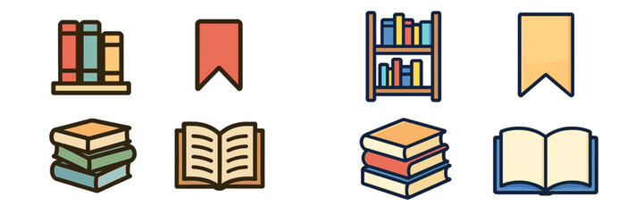 Poster - Colorful collection of book icons showcasing various reading materials and accessories on a clean background