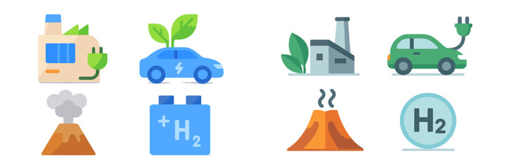 Poster - Icons representing renewable energy, electric vehicles, and hydrogen production in a modern digital design