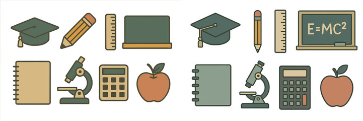Poster - Educational materials and tools represented by illustrations showing items like graduation caps, books, and scientific equipment