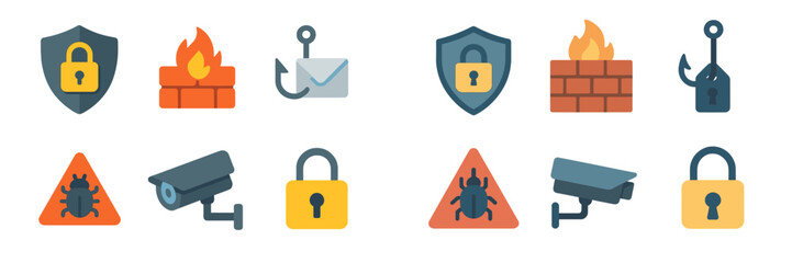 Poster - Security symbols representing cybersecurity concepts including firewalls, surveillance, and malware protection in a colorful layout