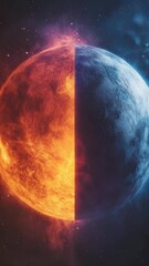 Poster - Abstract dualistic planet illustration fiery orange and icy blue halves with nebula background representing contrast and balance with cosmic elements.