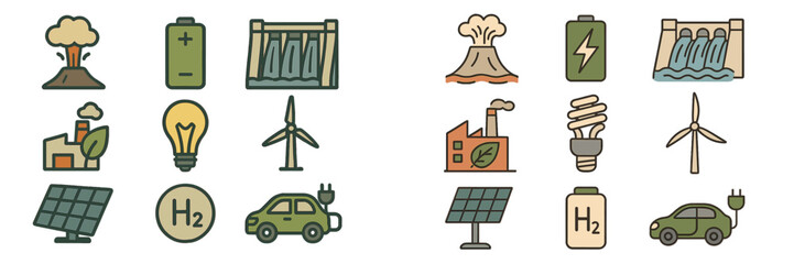 Poster - Energy symbols and illustrations showcasing renewable sources and environmental concerns across various industries