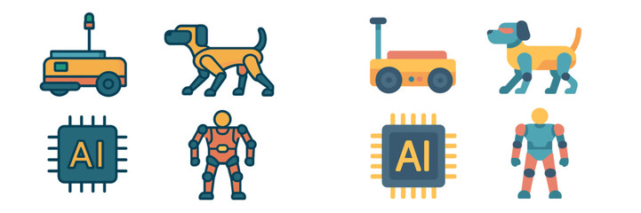 Poster - Various illustrations of robots and artificial intelligence concepts showcasing different designs and functions in a modern technological environment